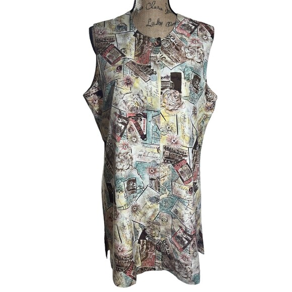 Silx Tops - Silx Sz L Button Up Tunic Novelty Print‎ Side Slits Vacation Travel Festival VTG